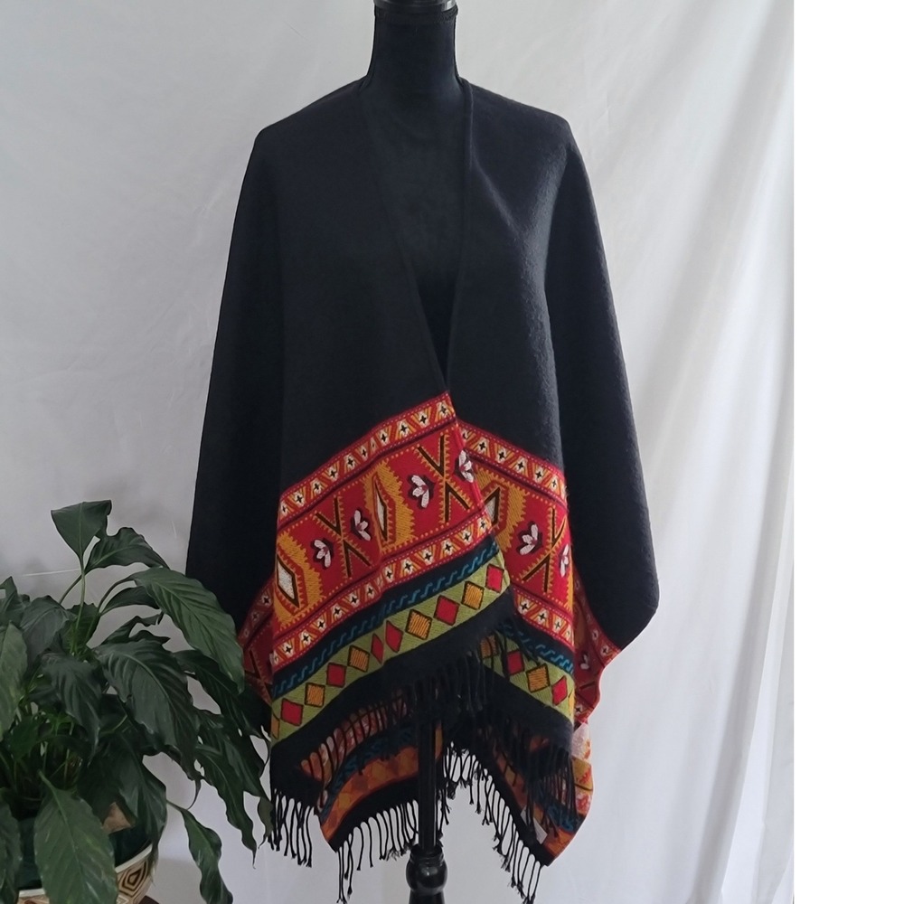 Vintage Made in France Black Tribal Geometric Knit Fringe Poncho Wrap One Size